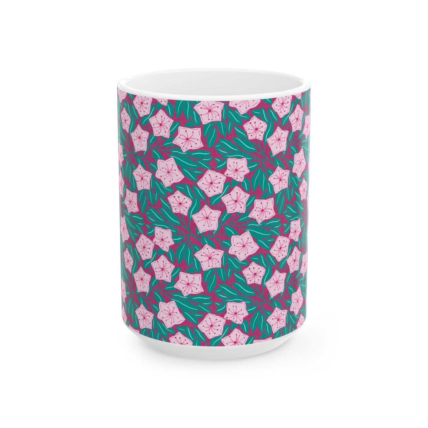 Pink Mountain Laurel Blossoms Ceramic Mug — Pink Flowers on Teal Background (11oz/15oz)