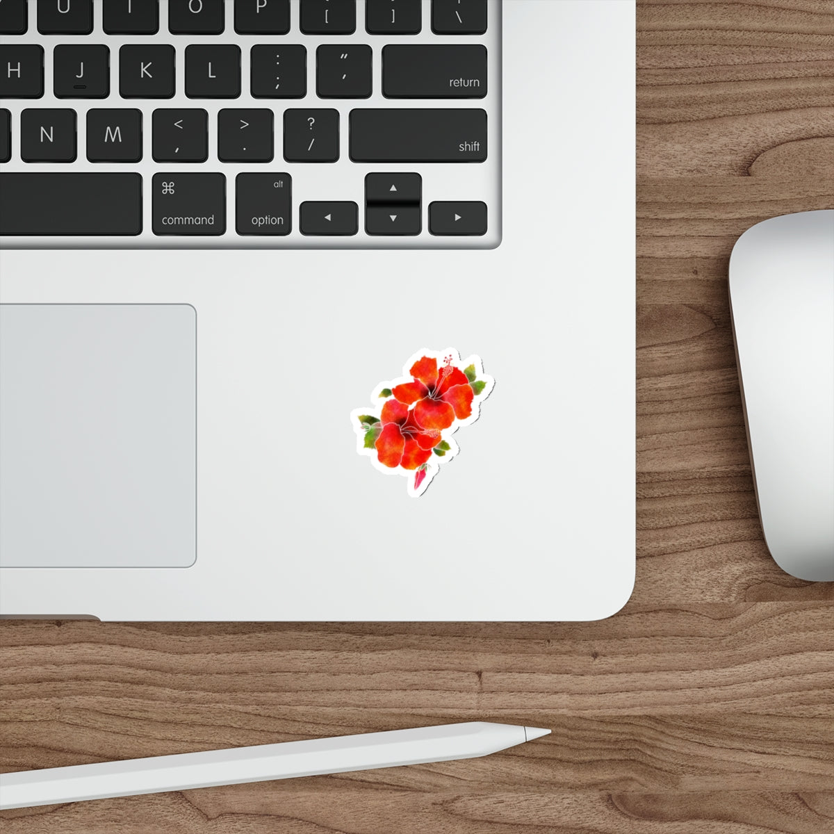 Red Hibiscus with Bude and Leaves Die-Cut Stickers