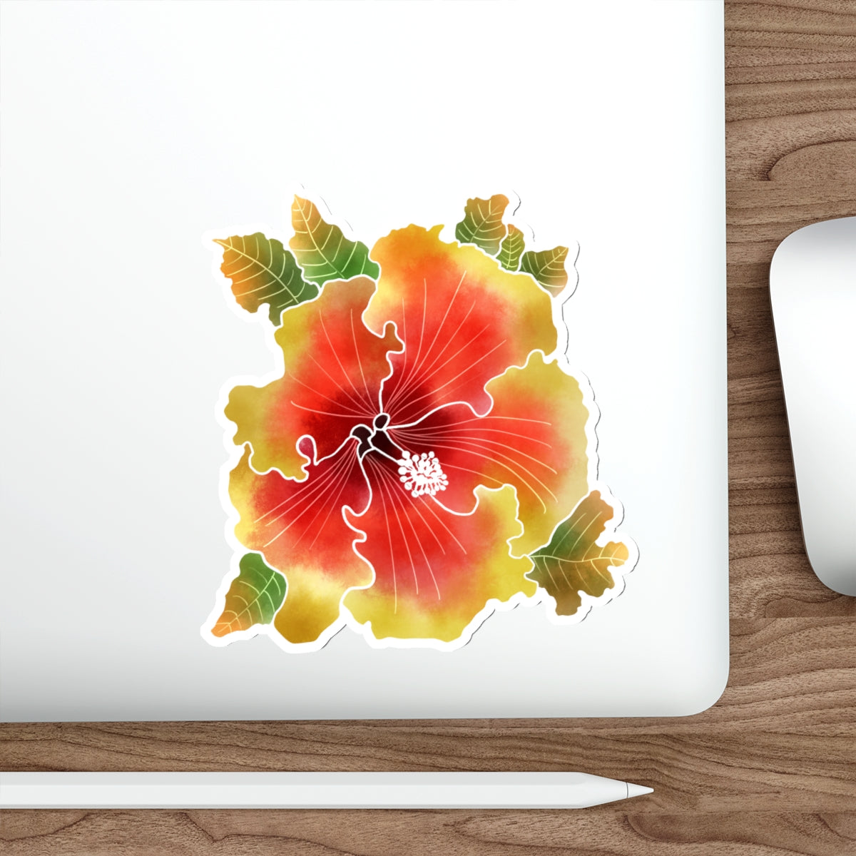 Palm Springs Orange and Yellow Ruffled Hibiscus with Leaves Die-Cut Stickers