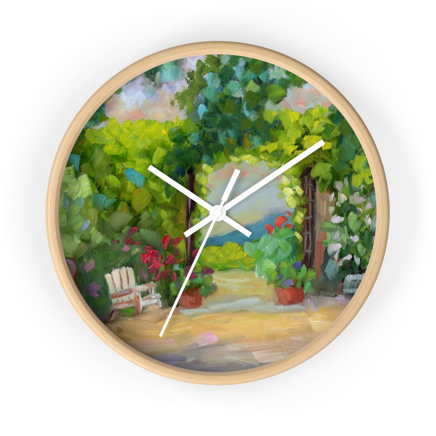 Garden Path Wall Clock — Peaceful Floral Patio Scene Decorative Clock