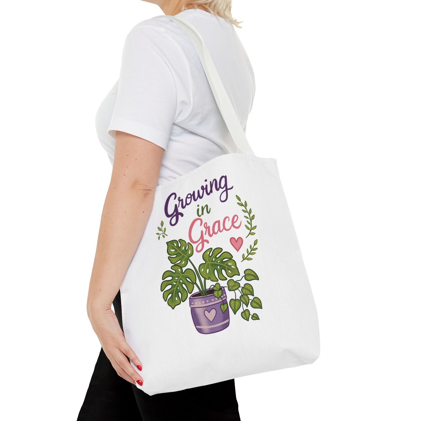 Growing in Grace Plant Tote Bag – Floral Monstera Illustration, Inspirational Gift