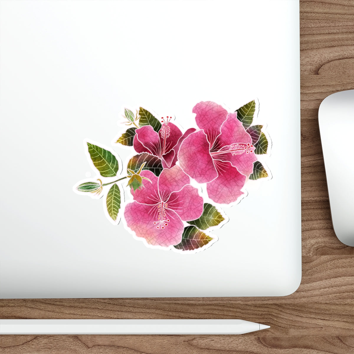 Three Pink Hibiscus with Buds and Leaves Hibiscus Die-Cut Stickers