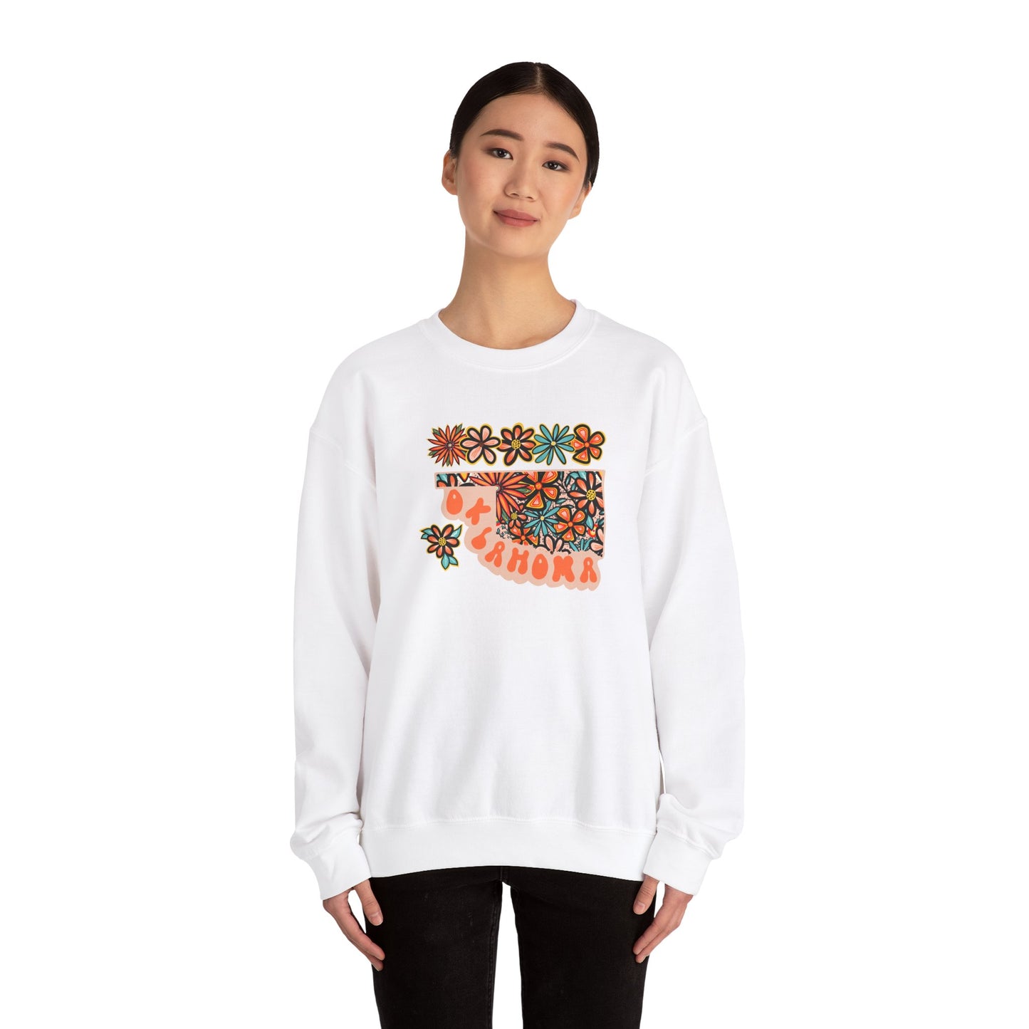 Retro 70s Flowers Oklahoma State Design — Heavy Blend™ Crewneck Sweatshirt