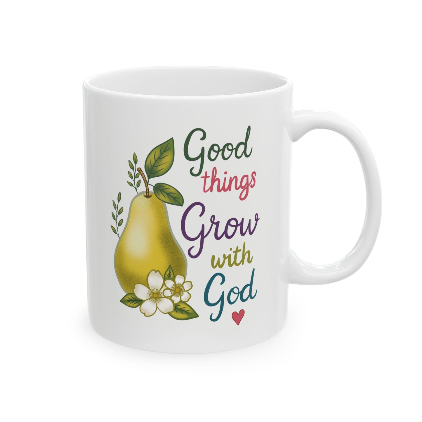 Good Things Grow with God Ceramic Mug — Hand Painted Pear Coffee Tea Cup (11oz & 15oz