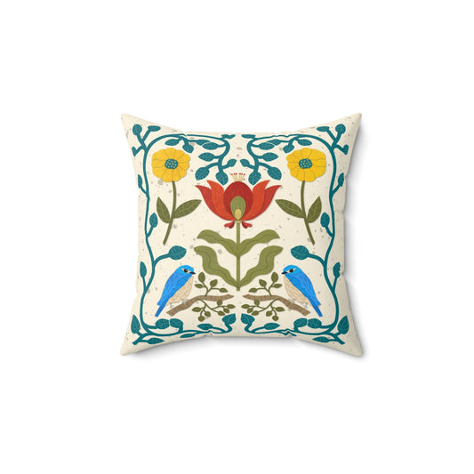 Scandi Birds and Flowers Spun Polyester Square Pillow