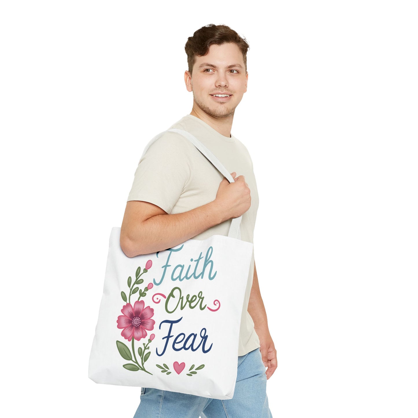 Faith Over Fear Floral Tote Bag — Inspirational Scripture Canvas Bag