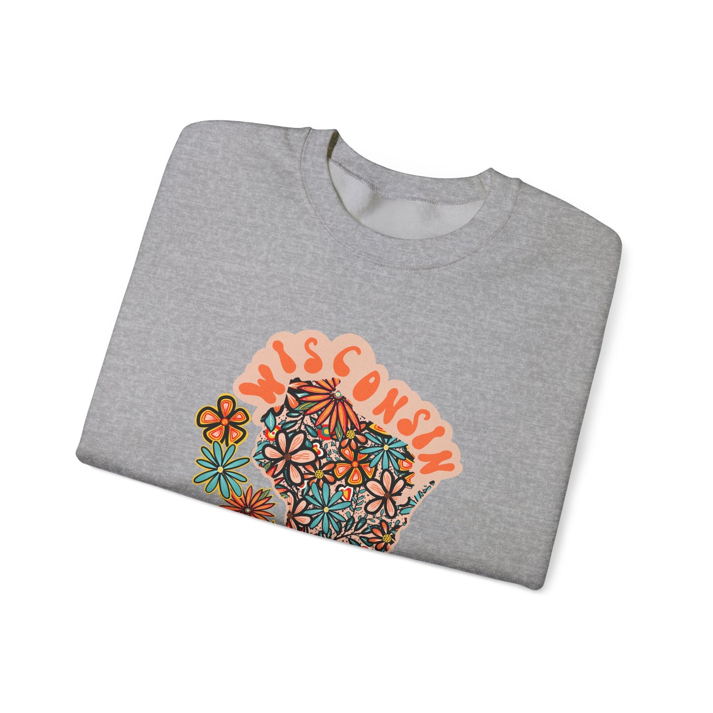 Retro 70s Flowers Wisconsin State Design — Heavy Blend™ Crewneck Sweatshirt