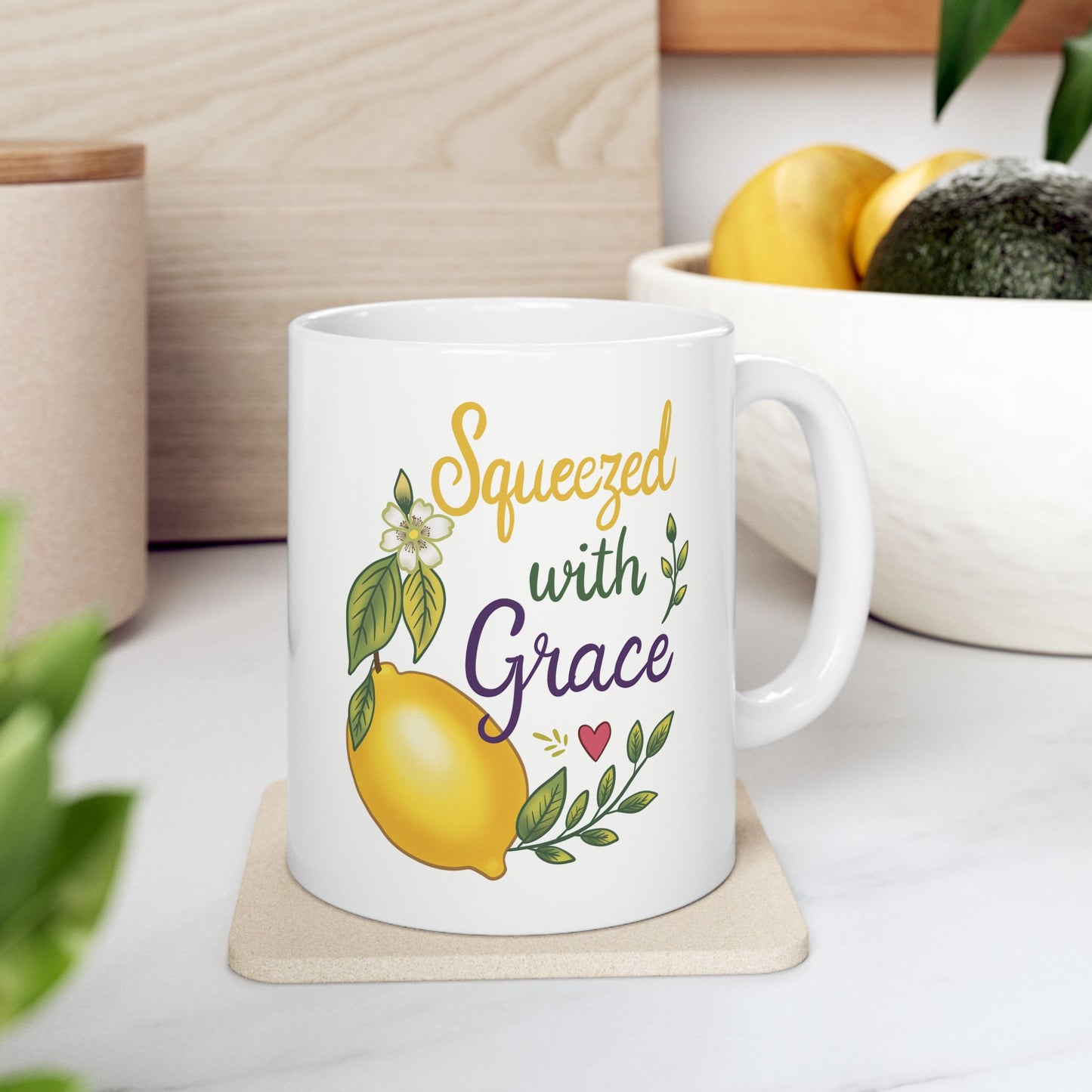 Squeezed With Grace Ceramic Mug — Botanical Coffee Tea Cup (11oz & 15oz)