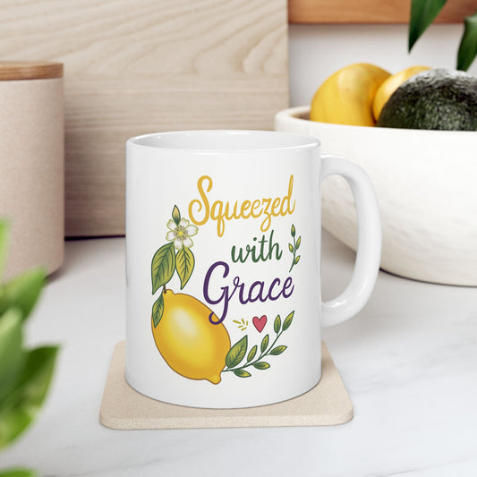 Squeezed With Grace Ceramic Mug — Botanical Coffee Tea Cup (11oz & 15oz)