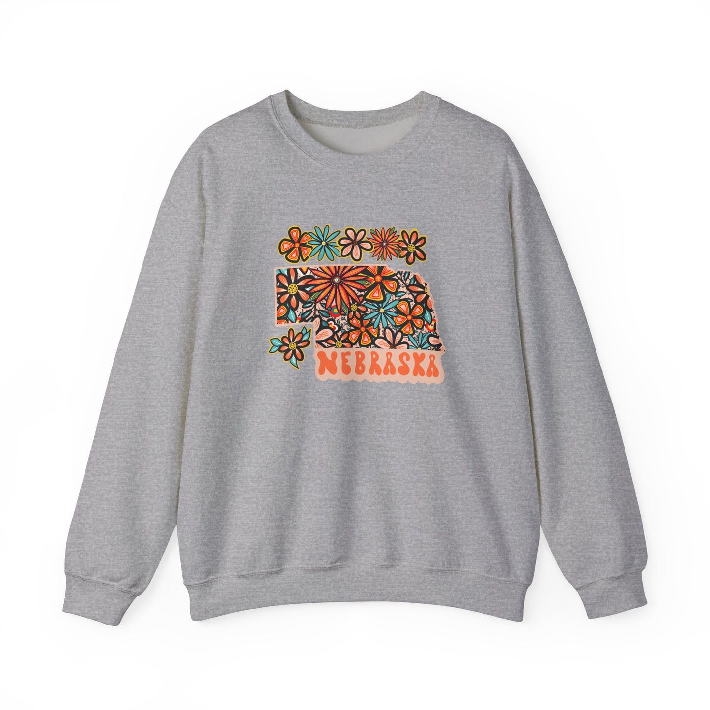 Retro 70s Flowers Nebraska State Design — Heavy Blend™ Crewneck Sweatshirt