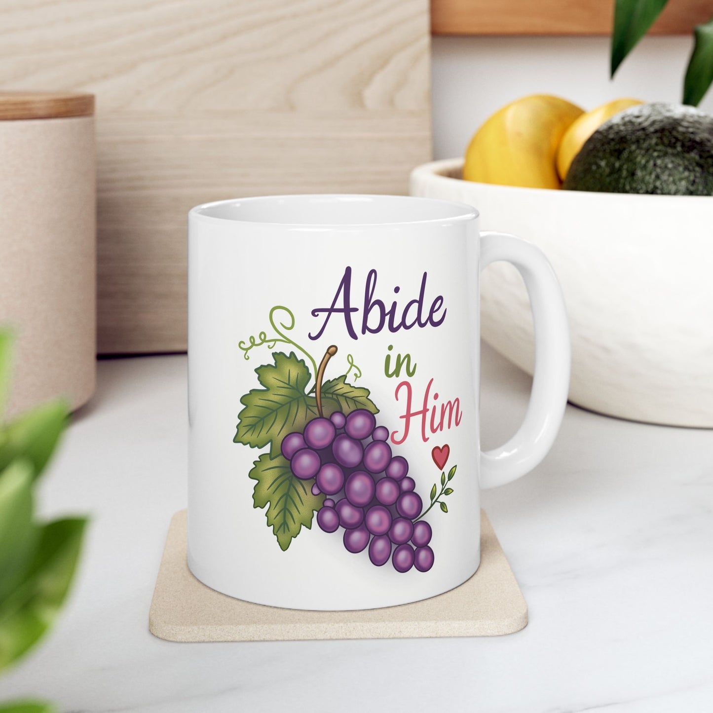 Abide in Him Ceramic Mug — Hand Painted Grapes Coffee Tea Cup (11oz & 15oz