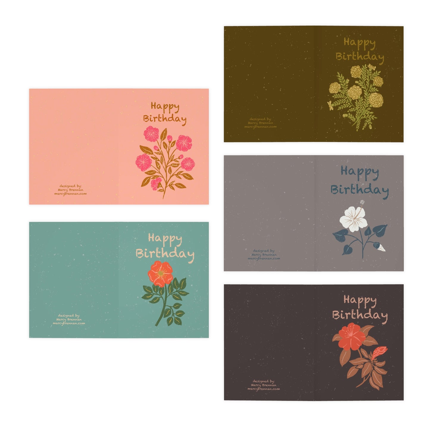 Birthday Cards with Five Different Block Print Style Flower Designs in Retro Colors — Multi-Design Greeting Cards (5-Pack) with Envelopes — Ships only in Continental US and Shipping is FREE