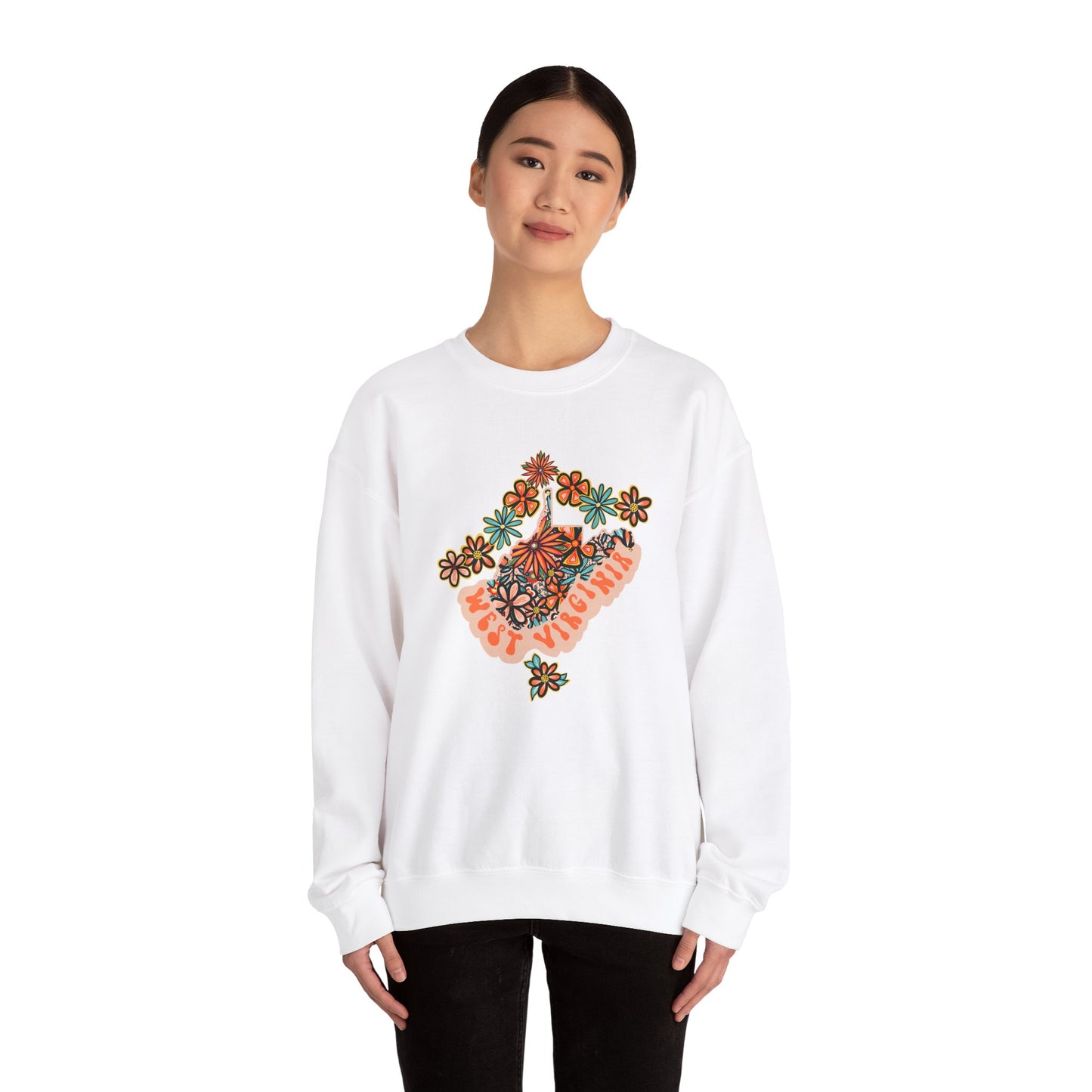 Retro 70s Flowers West Virginia State Design — Heavy Blend™ Crewneck Sweatshirt