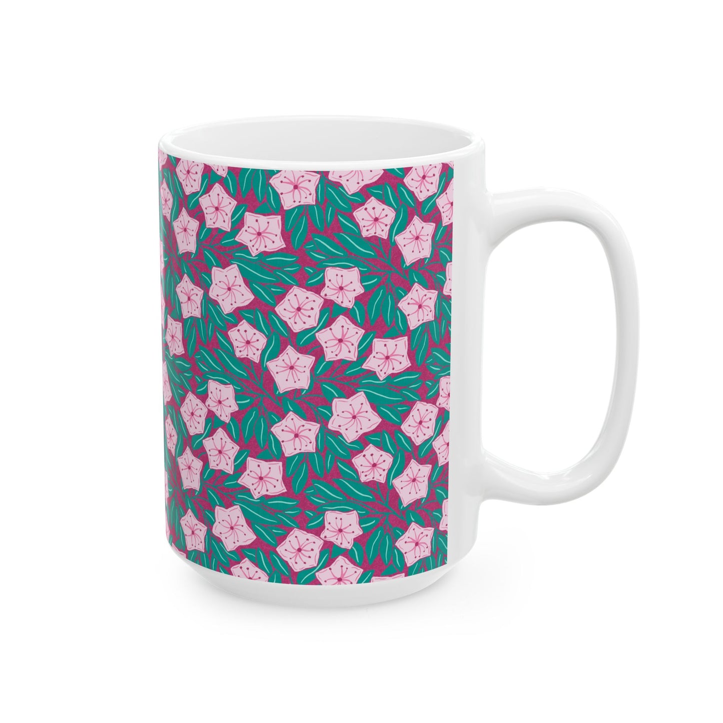 Pink Mountain Laurel Blossoms Ceramic Mug — Pink Flowers on Teal Background (11oz/15oz)