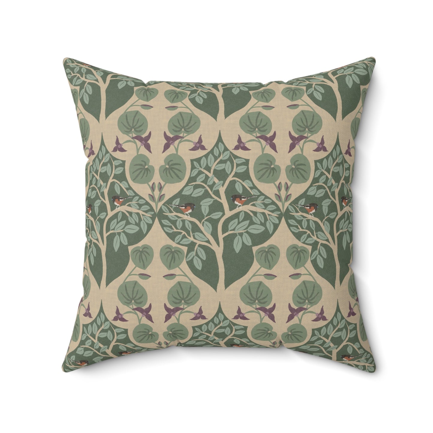 Wild Ginger, Beech Tree and Towhee Sparrows Spun Polyester Square Pillow