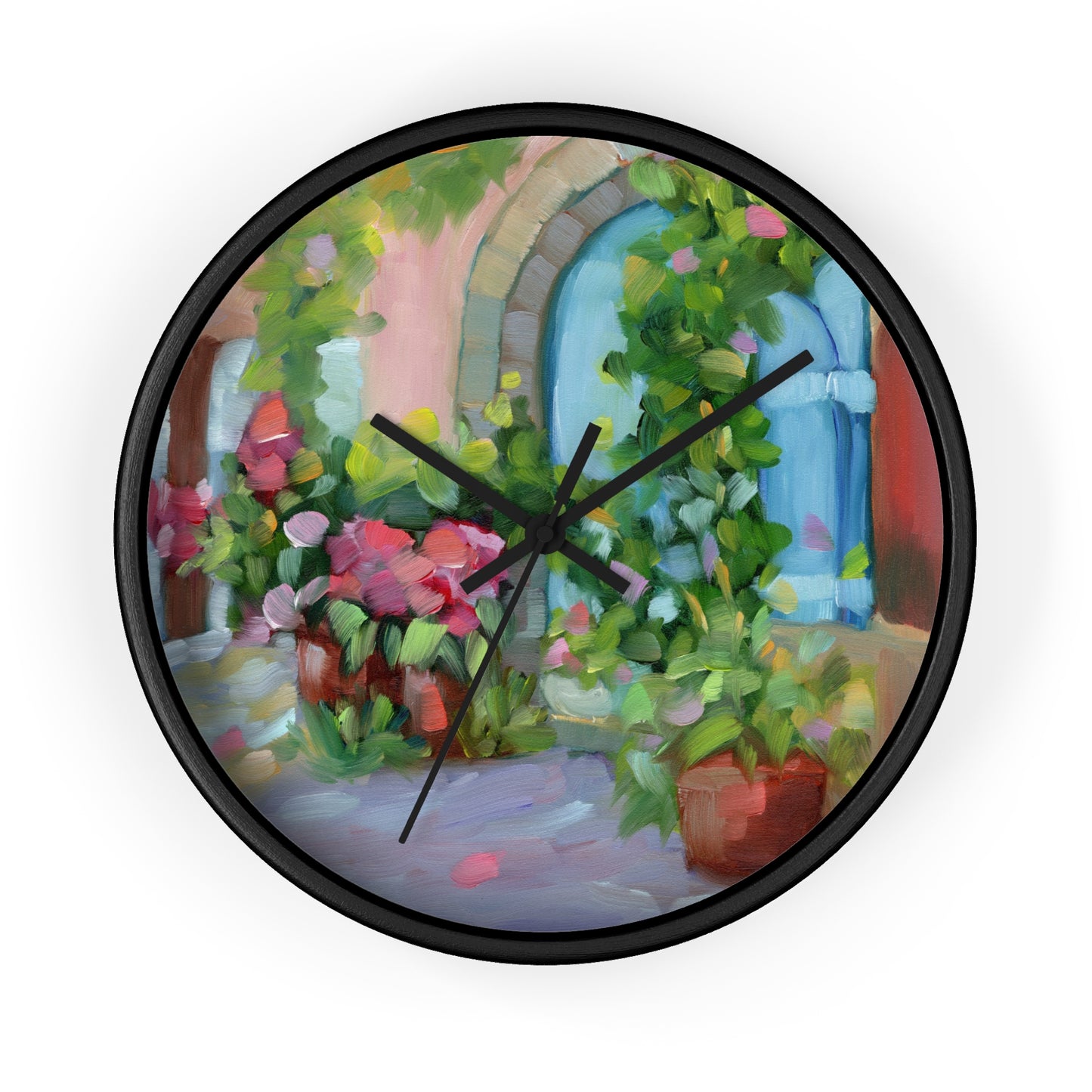Mediterranean Garden Wall Clock — Floral Courtyard Art Timepiece