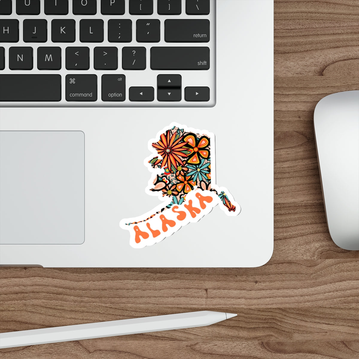 Alaska State Sticker | Vinyl Artist Designed Illustration Featuring Alaska State Outline Filled With Retro Flowers with Retro Hand-Lettering Die-Cut Stickers