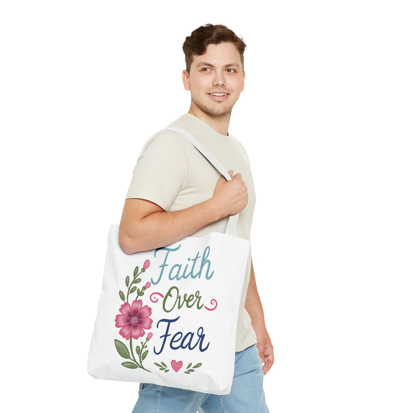 Faith Over Fear Floral Tote Bag — Inspirational Scripture Canvas Bag