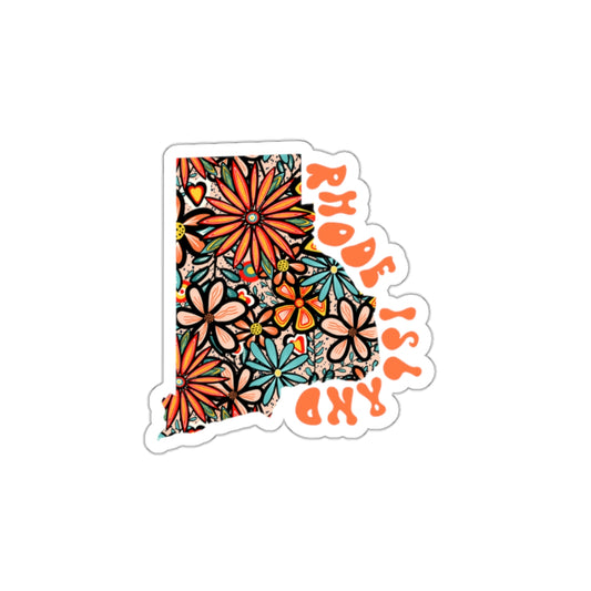 Rhode Island State Sticker | Vinyl Artist Designed Illustration Featuring Rhode Island State Filled With Retro Flowers with Retro Hand-Lettering Die-Cut Stickers