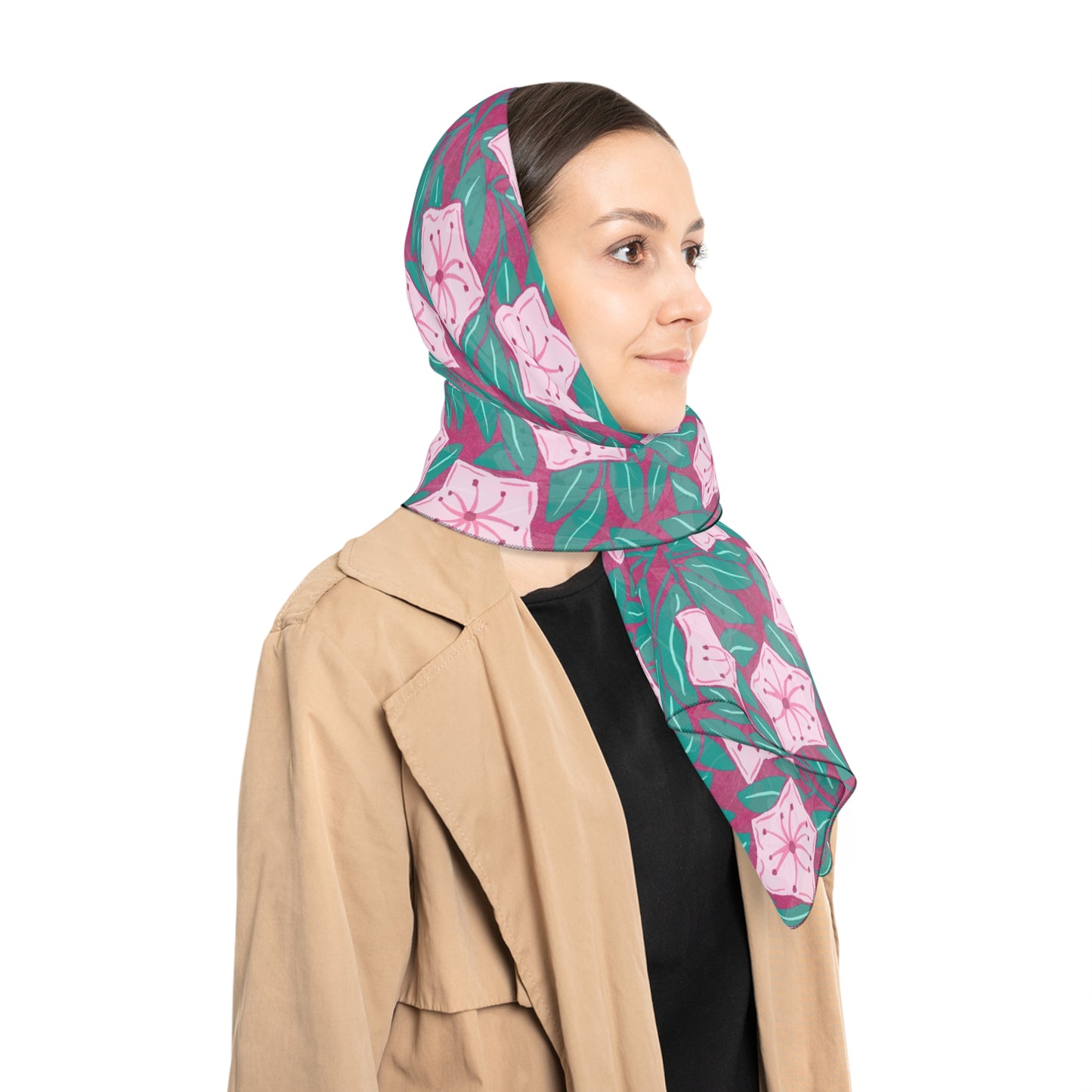 Pink Mountain Laurel Blossoms Square Scarf — Lightweight Botanical Pattern