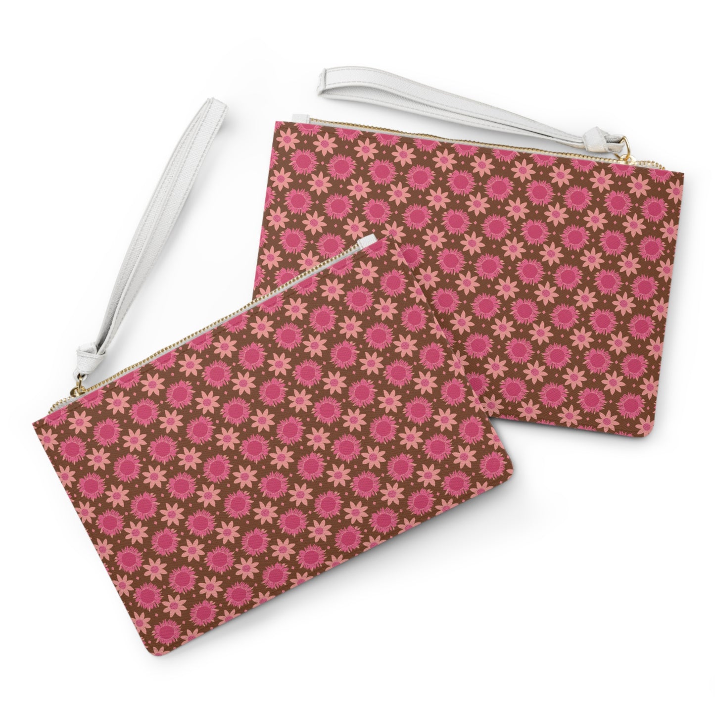 Retro Pink Daisies on Brown Background Clutch Bag