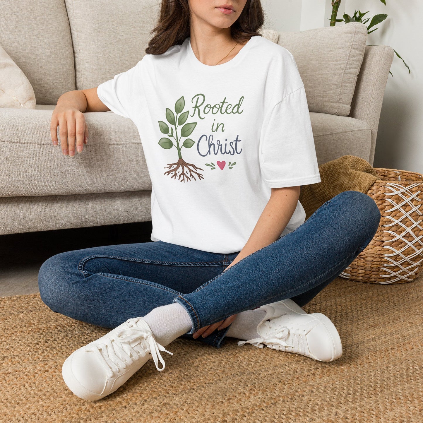 Rooted in Christ Tee — Faith-Based Christian T-Shirt with Tree & Heart Design