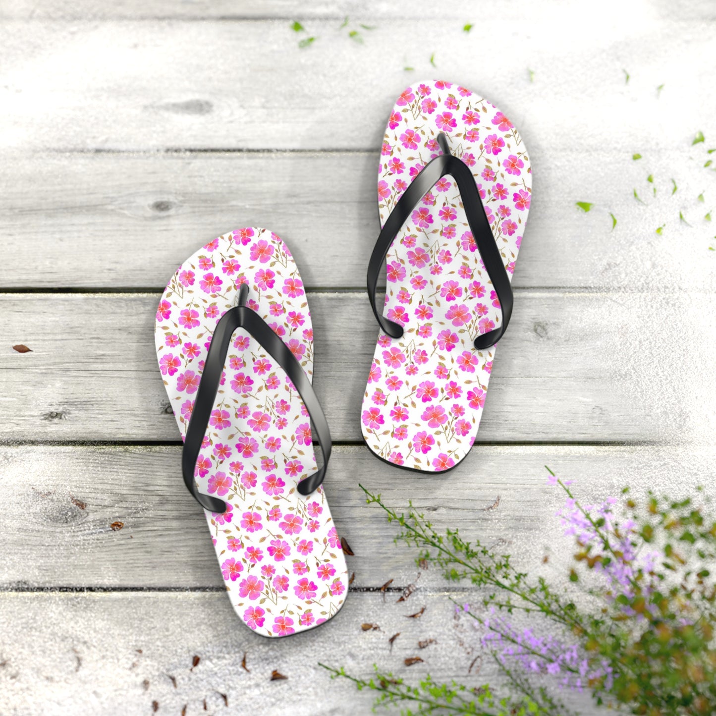 Hot Pink Wild Roses Flip Flops