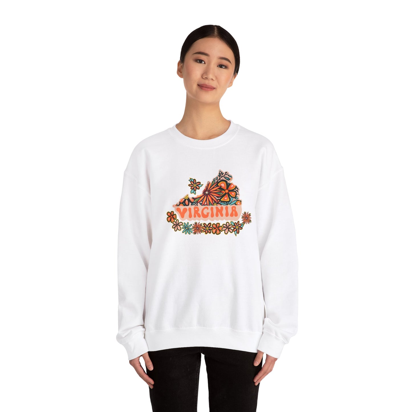 Retro 70s Flowers Virginia State Design — Heavy Blend™ Crewneck Sweatshirt