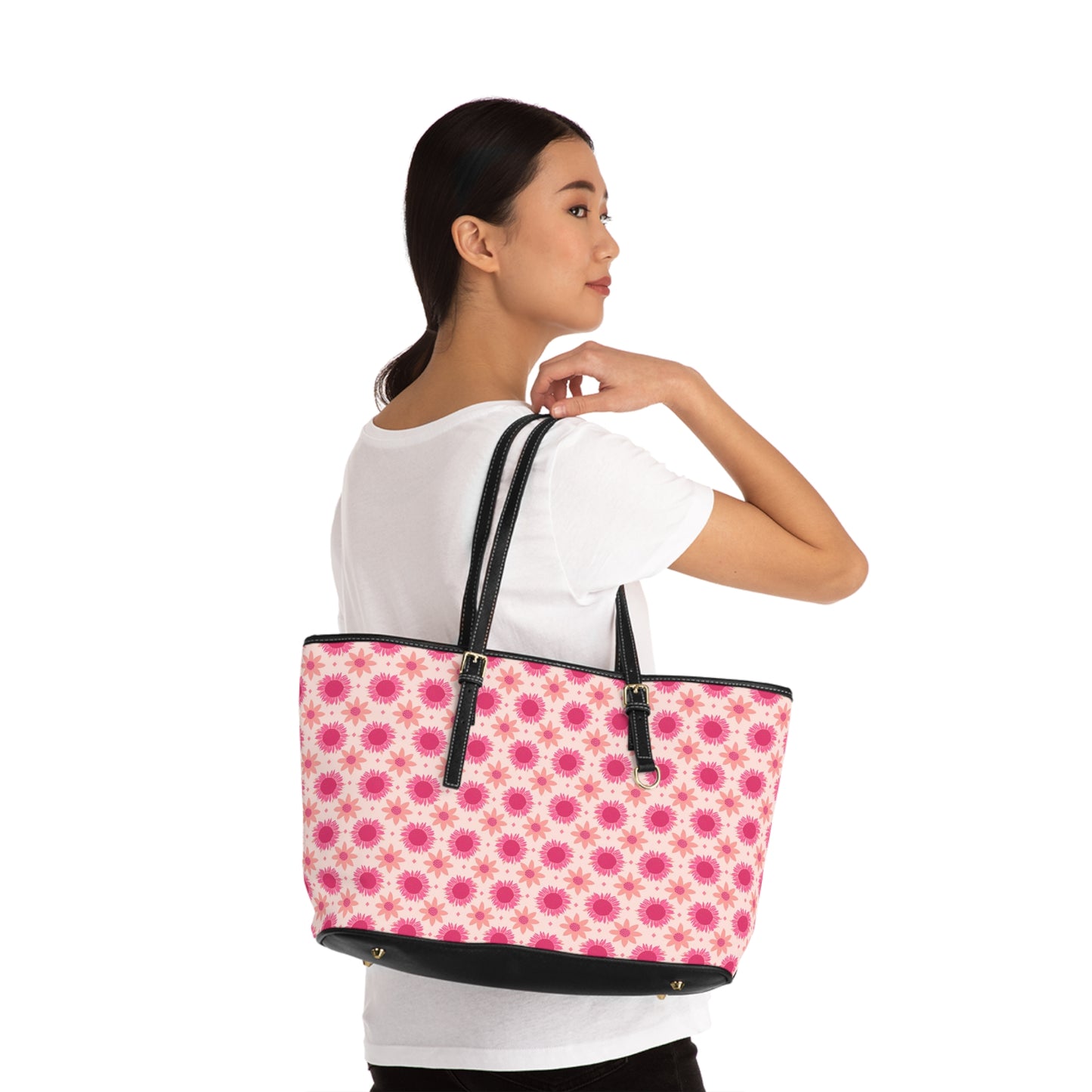 Retro Pink Sunflowers on PU Leather Shoulder Bag