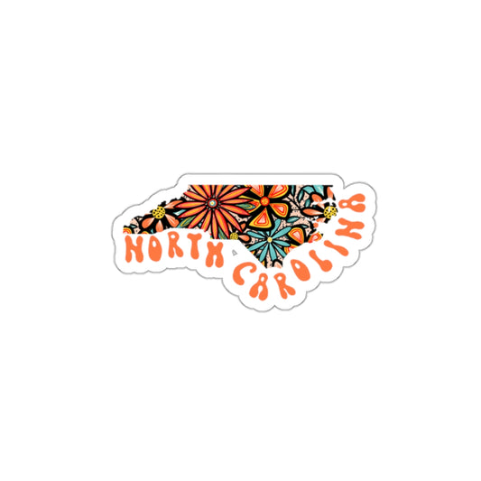 North Carolina State Sticker | Vinyl Artist Designed Illustration Featuring North Carolina State Outline Filled With Retro Flowers with Retro Hand-Lettering Die-Cut Stickers