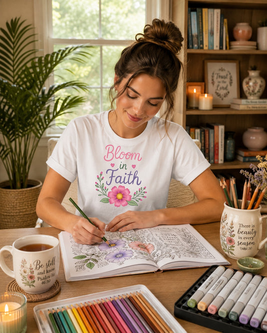 Bloom in Faith T-Shirt — Floral Inspirational Christian Tee