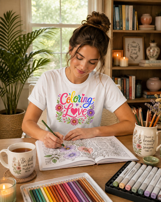 Coloring Love T‑Shirt — Floral Rainbow Heart Design