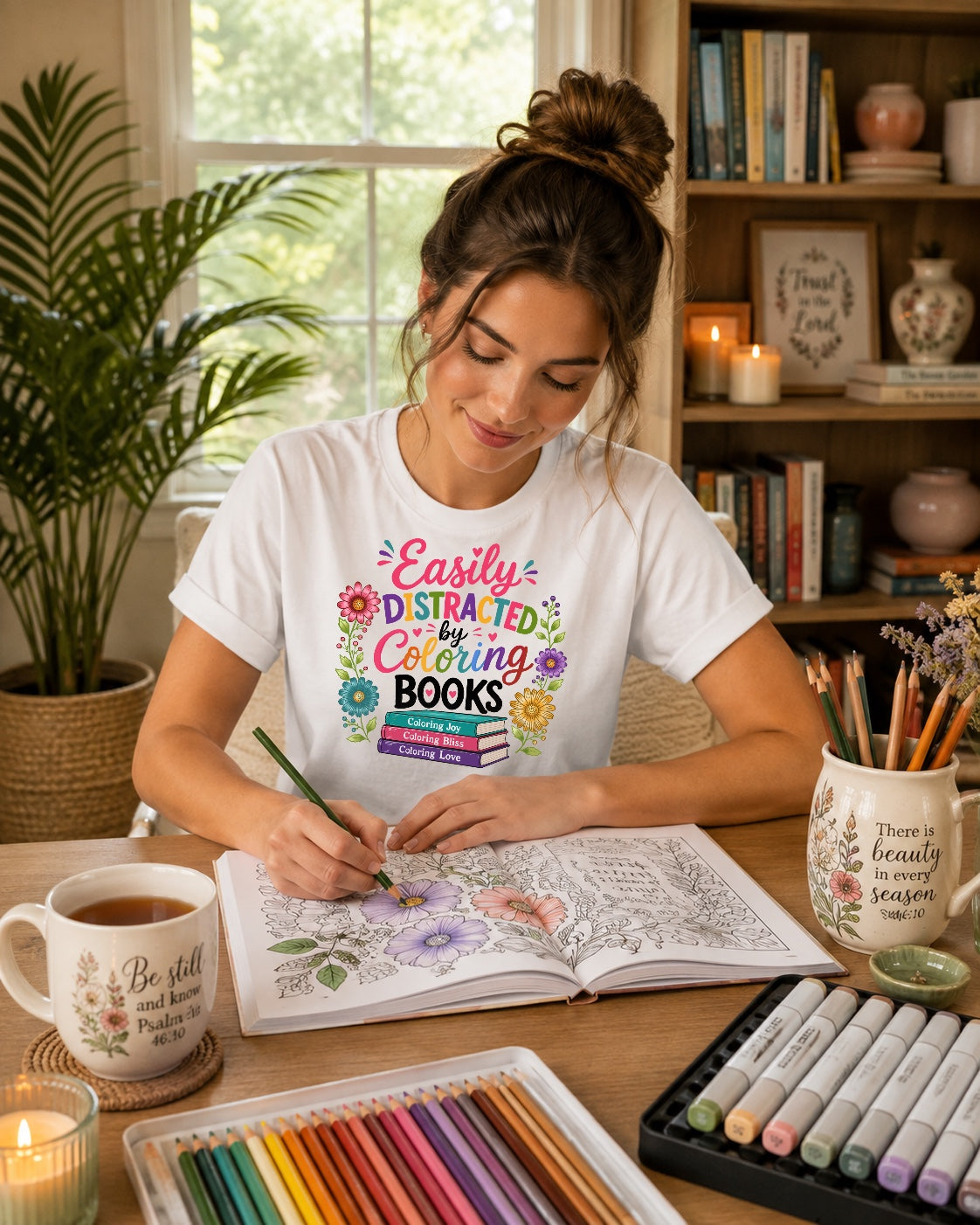 Coloring Books T-Shirt — "Easily Distracted by Coloring Books" Floral Design