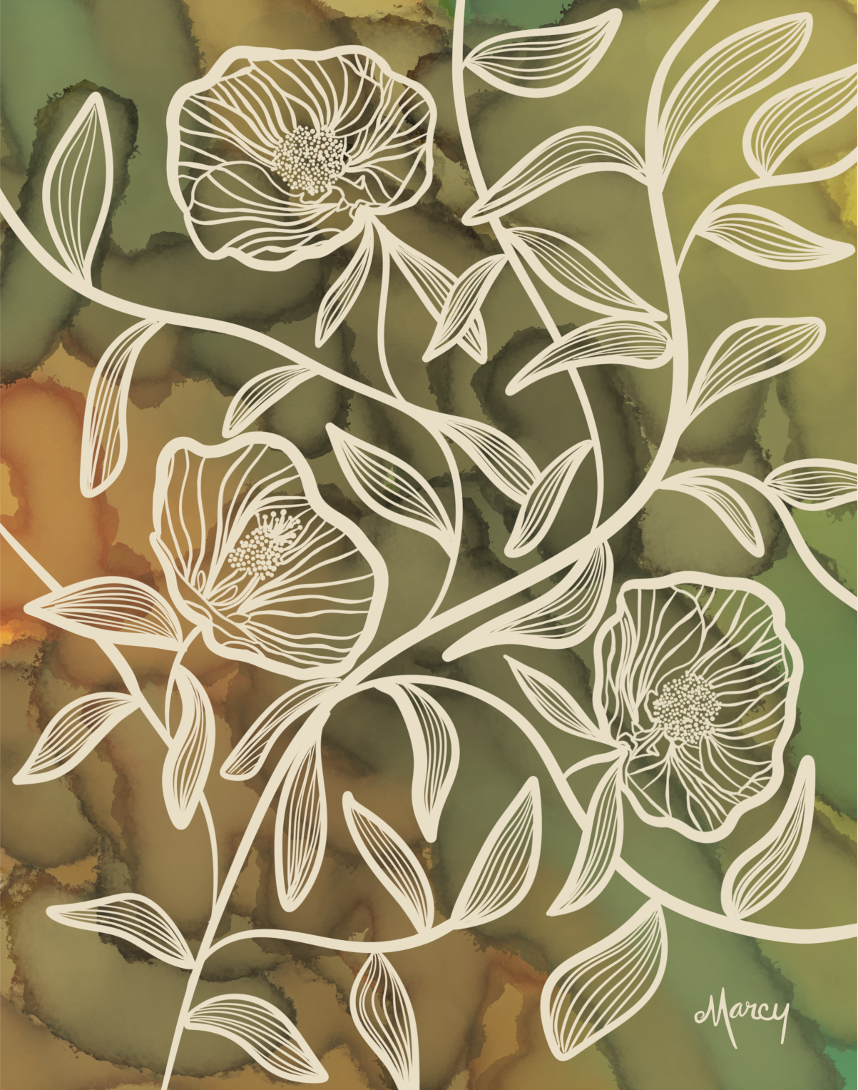 Flowering Maples on Green Alcohol Ink Background | Digital Illustration | Digital Download