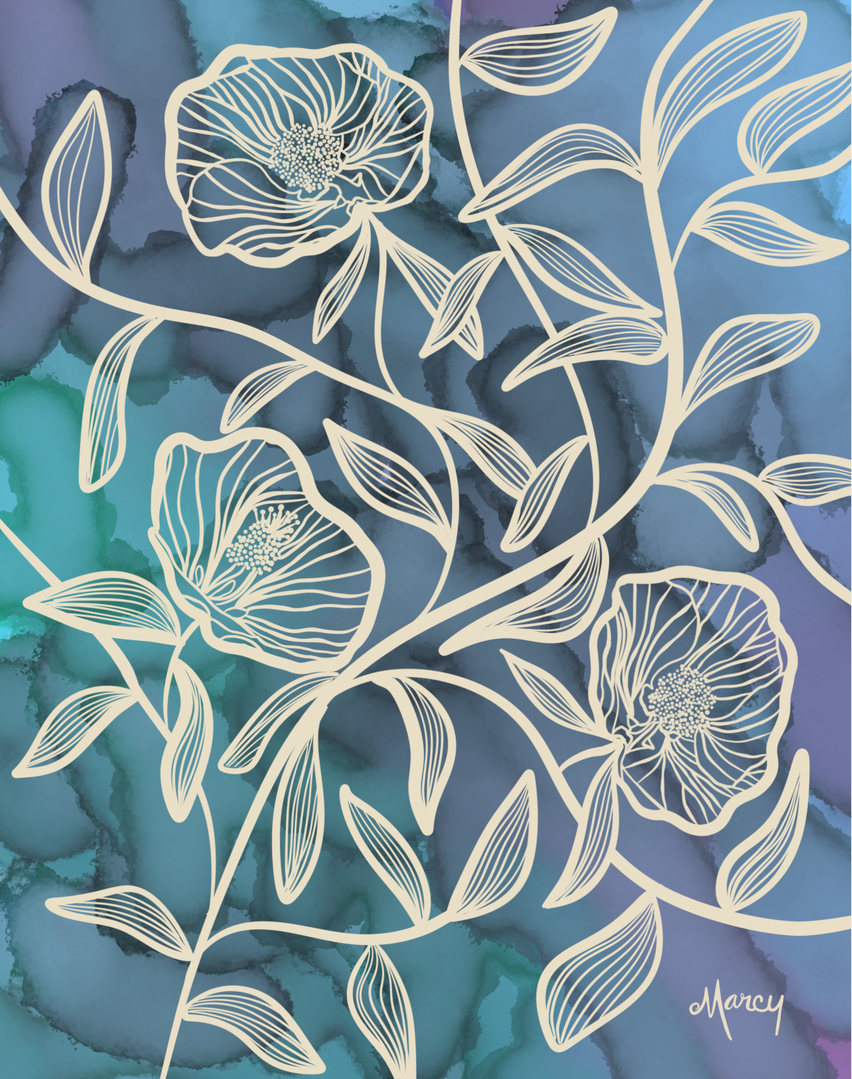 Flowering Maples on Blue Alcohol Ink Background | Digital Illustration | Digital Download