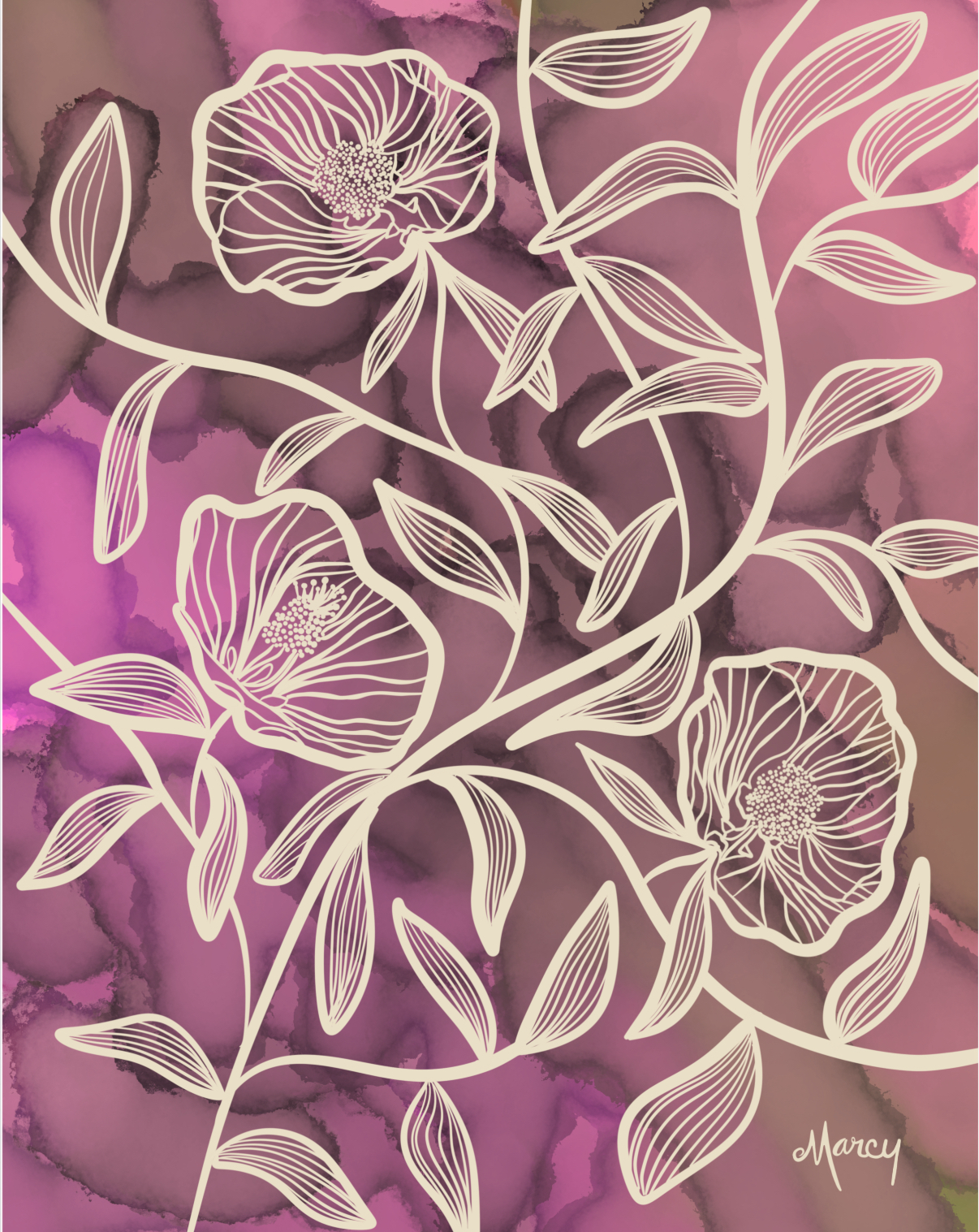 Flowering Maples on Pink Alcohol Ink Background | Digital Illustration | Digital Download