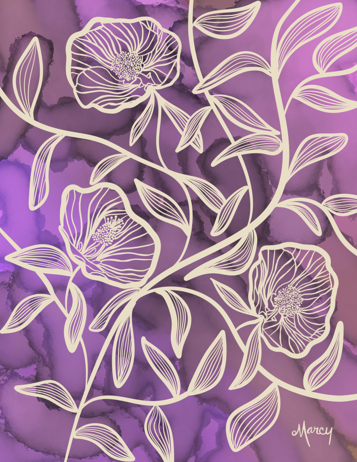 Flowering Maples on Purple Alcohol Ink Background | Digital Illustration | Digital Download