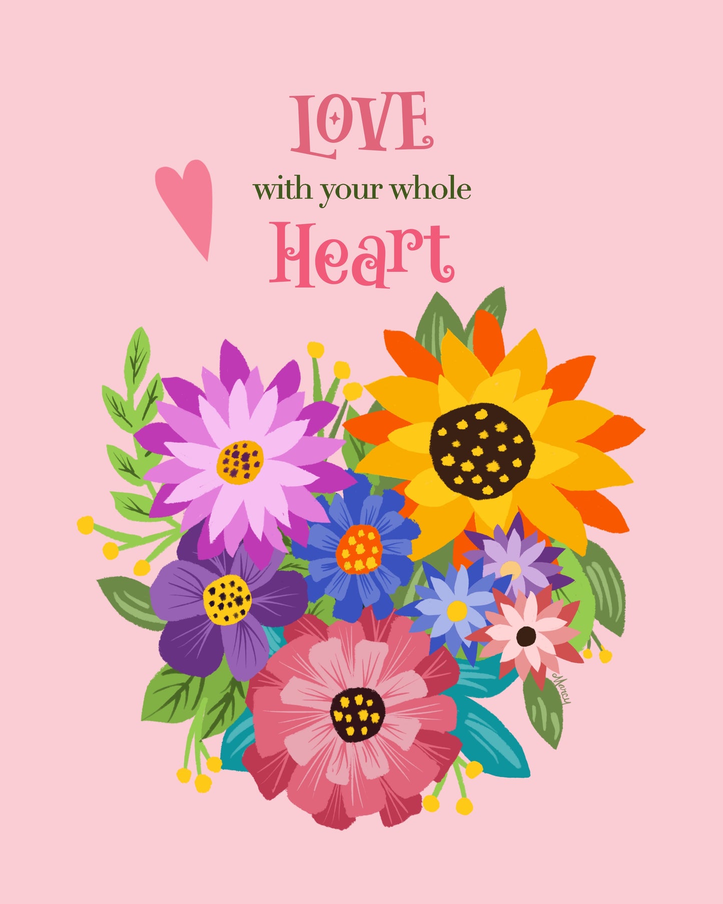 Heart-Shaped Flower Bouquet 8x10 Inch Illustration Digital Download