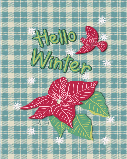 Hello Winter Illustration on Teal Plaid Free Digital Download