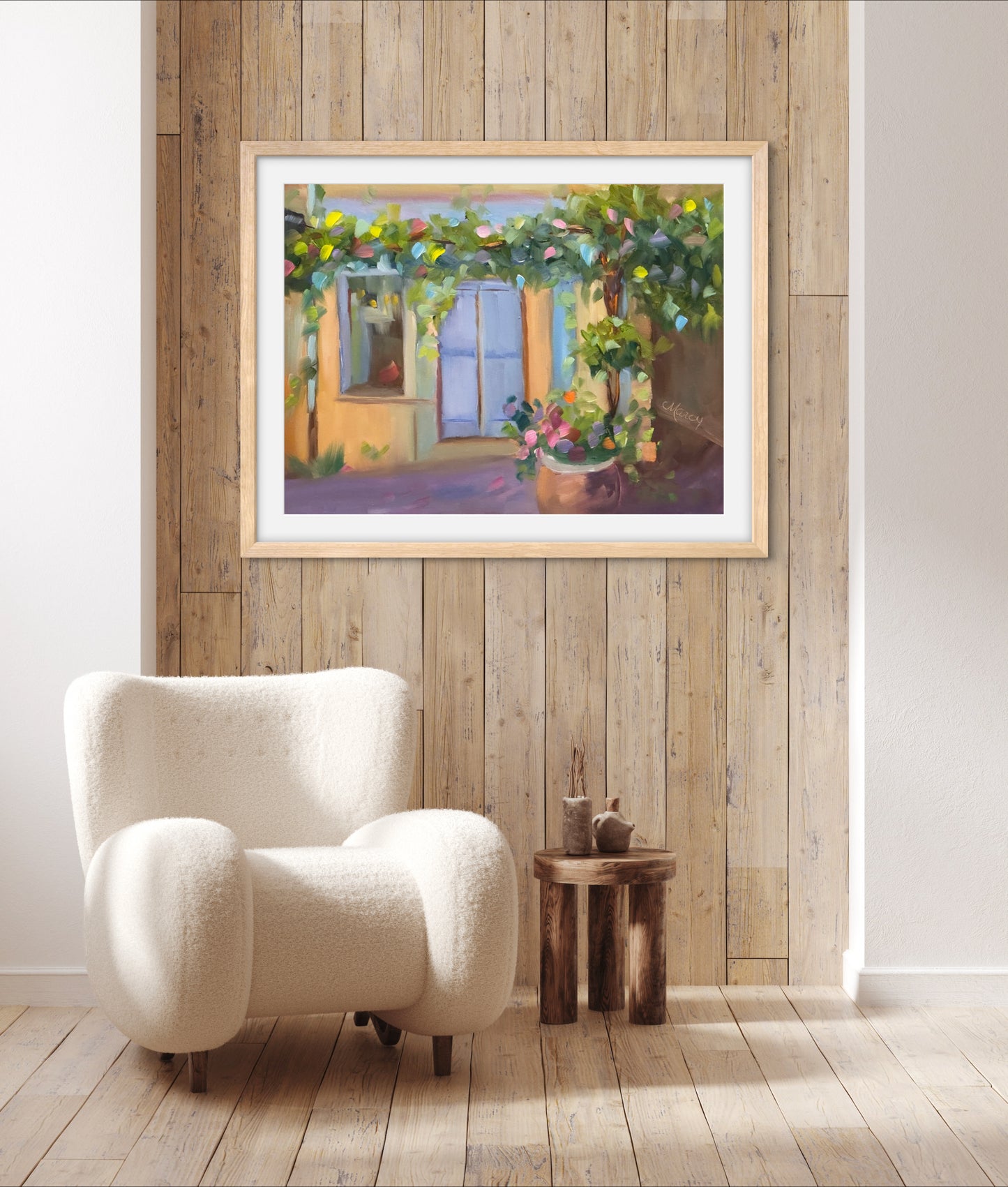 Little Provence Storefront Draped in Flowers Print - Premium Matte Paper Wooden Framed Poster