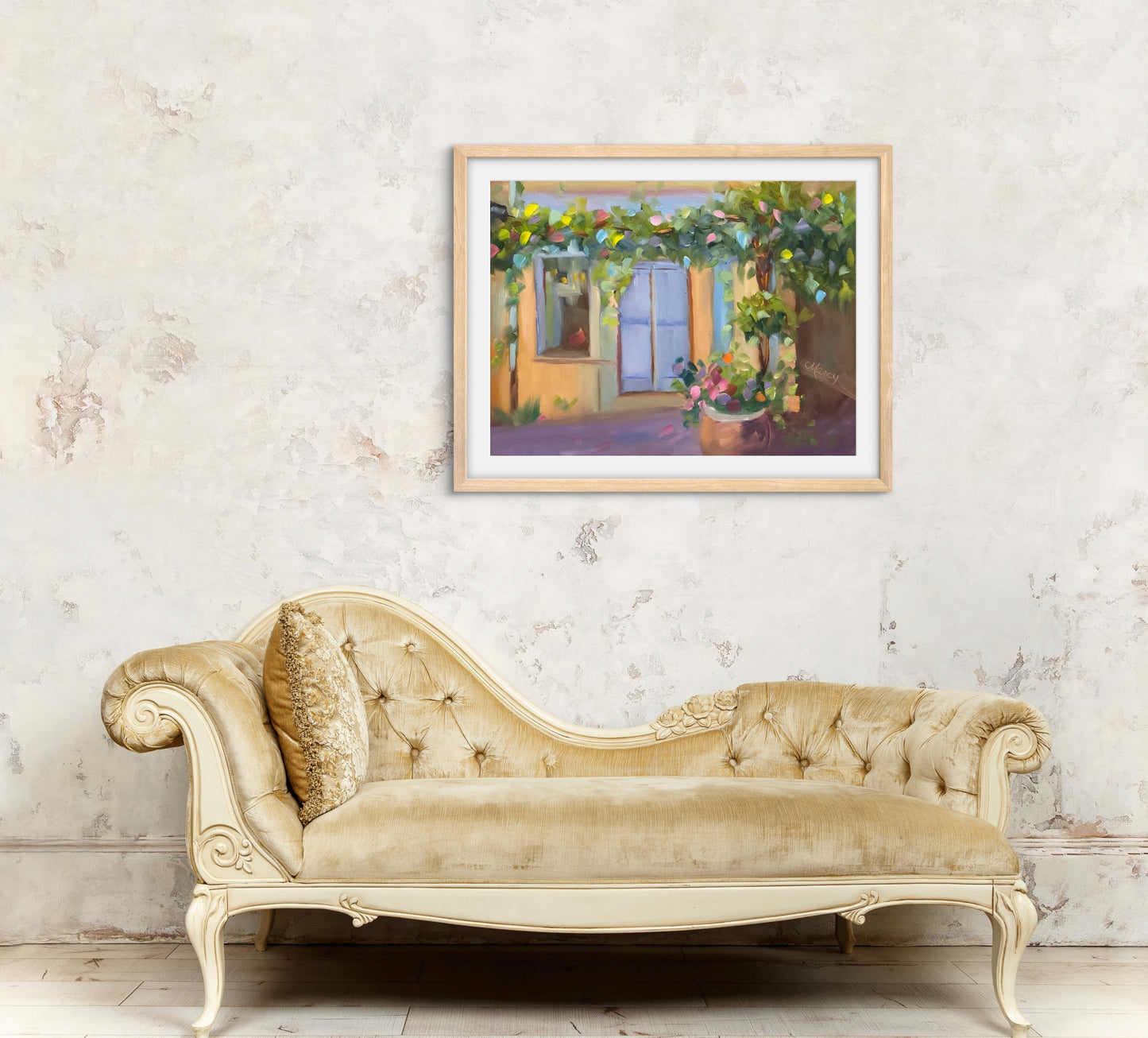 Little Provence Storefront Draped in Flowers Print - Premium Matte Paper Wooden Framed Poster