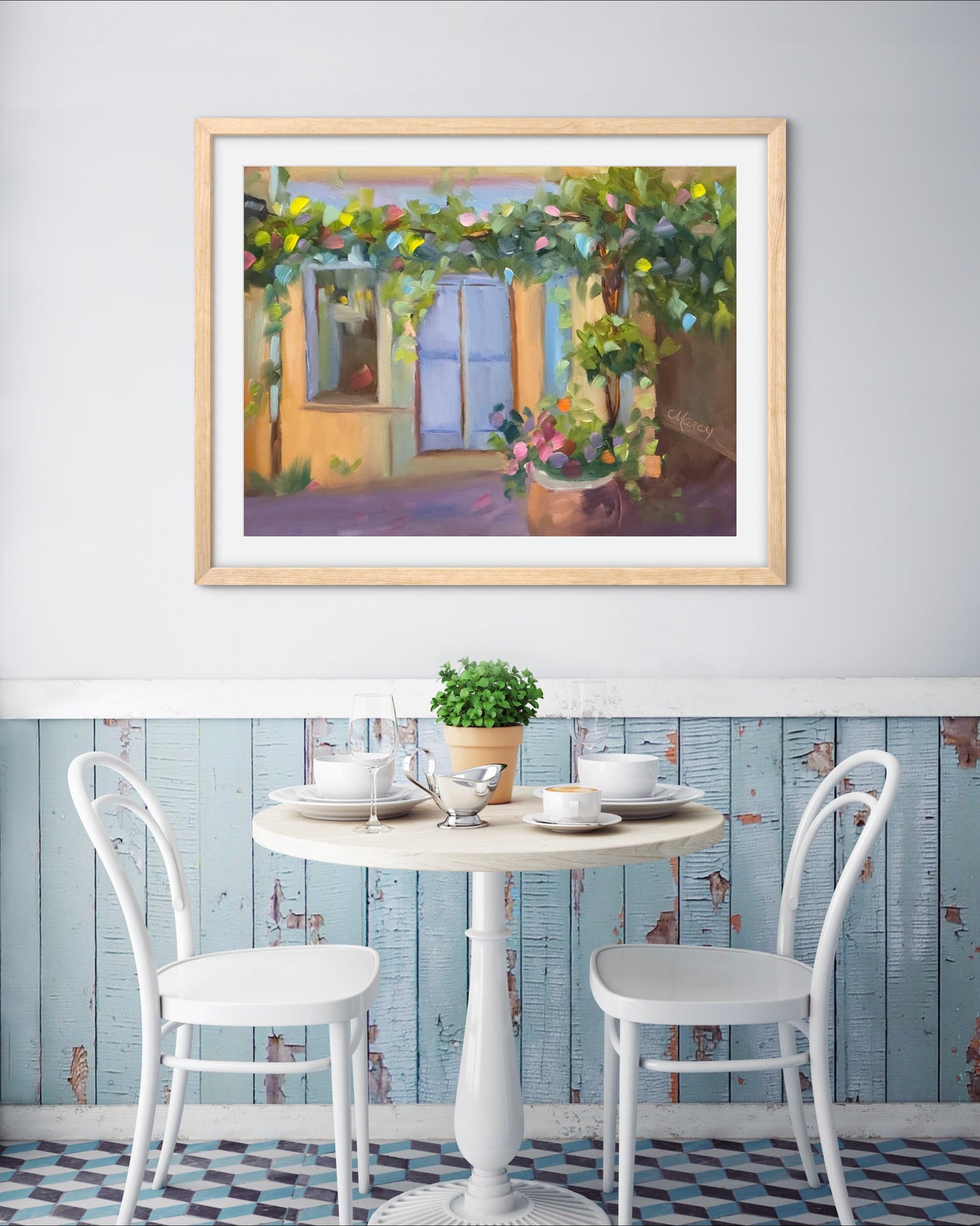 Little Provence Storefront Draped in Flowers Print - Premium Matte Paper Wooden Framed Poster