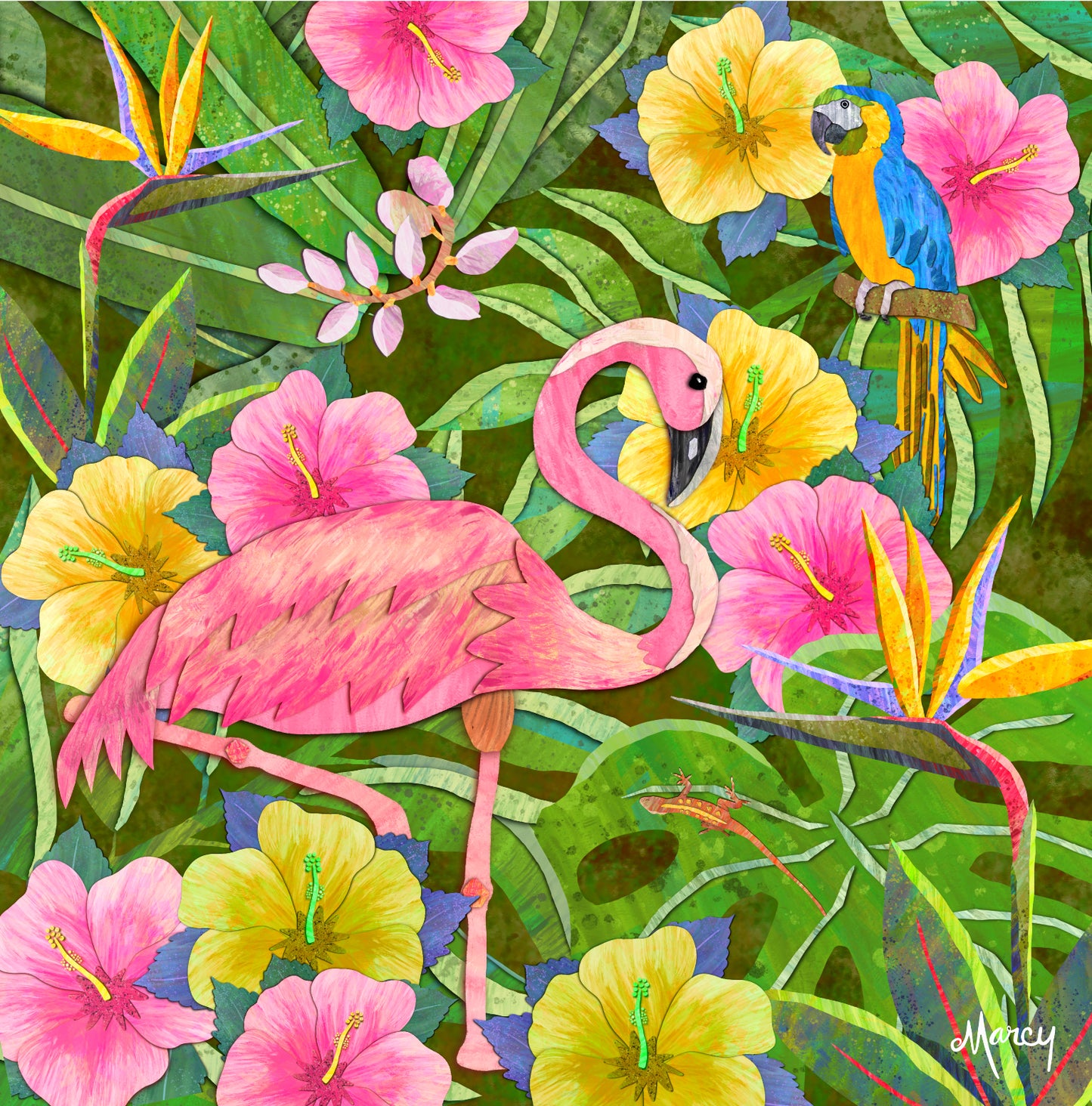 Flamingo in Tropical Garden Digital Painted Paper Collage