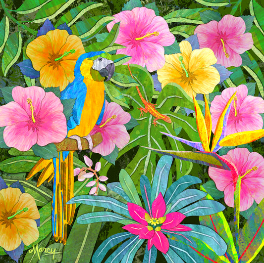 Parrot in Tropical Garden Digital Painted Paper Collage