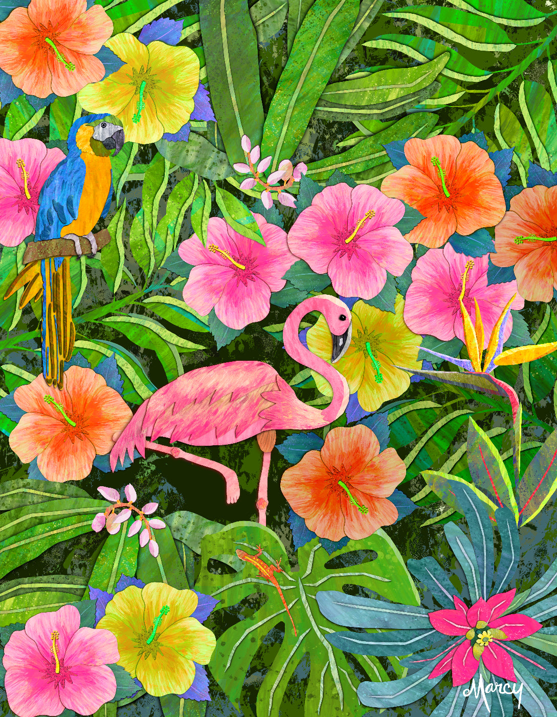 Flamingo in Lush Jungle Garden Digital Painted Paper Collage