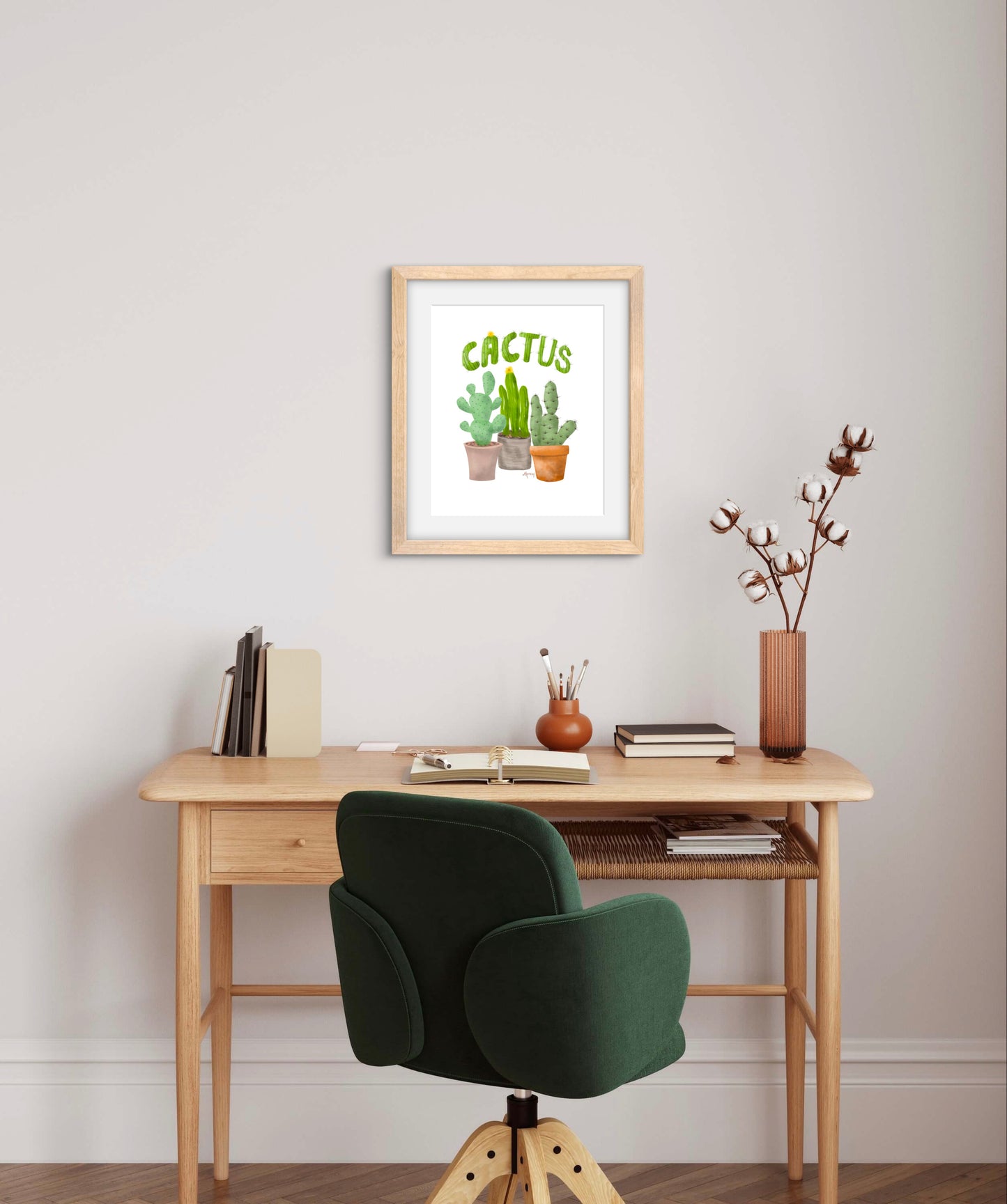 Potted Cactus Illustration - Premium Matte Paper Wooden Framed Poster