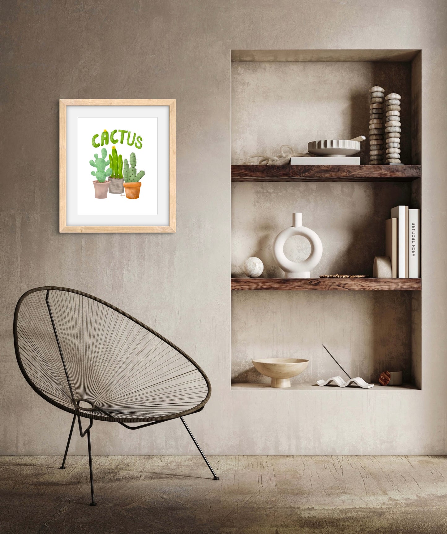 Potted Cactus Illustration - Premium Matte Paper Wooden Framed Poster