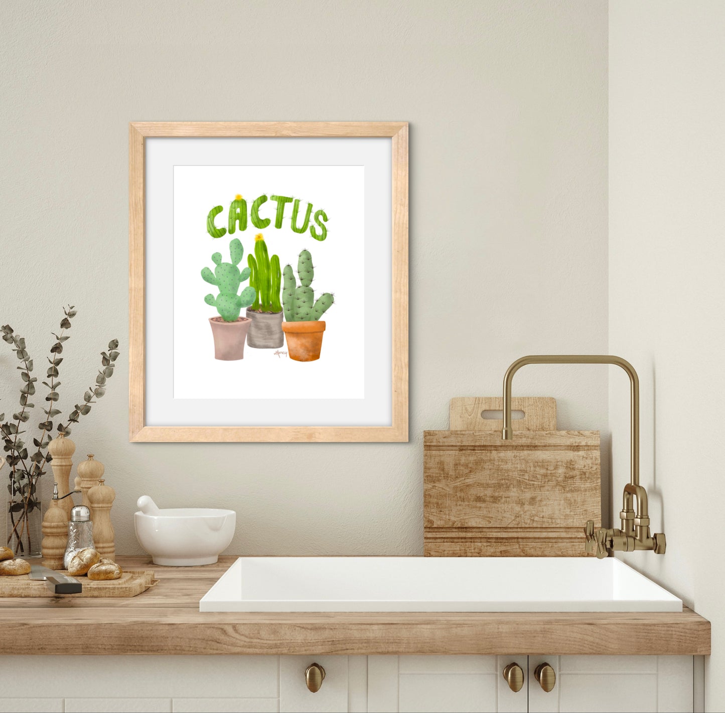 Potted Cactus Illustration - Premium Matte Paper Wooden Framed Poster