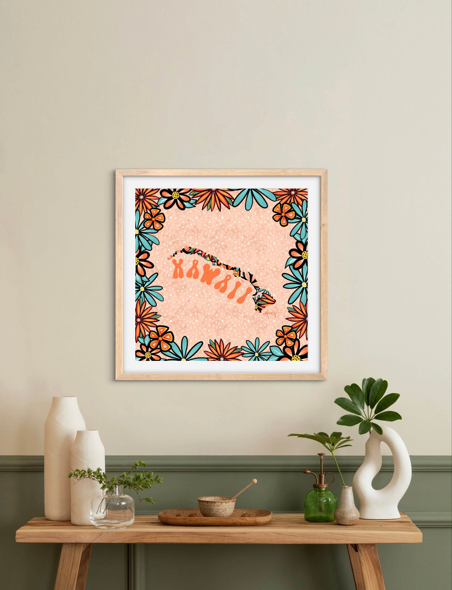 Hawaii Illustration with Hand-Lettering — Premium Matte Paper Wooden Framed Poster