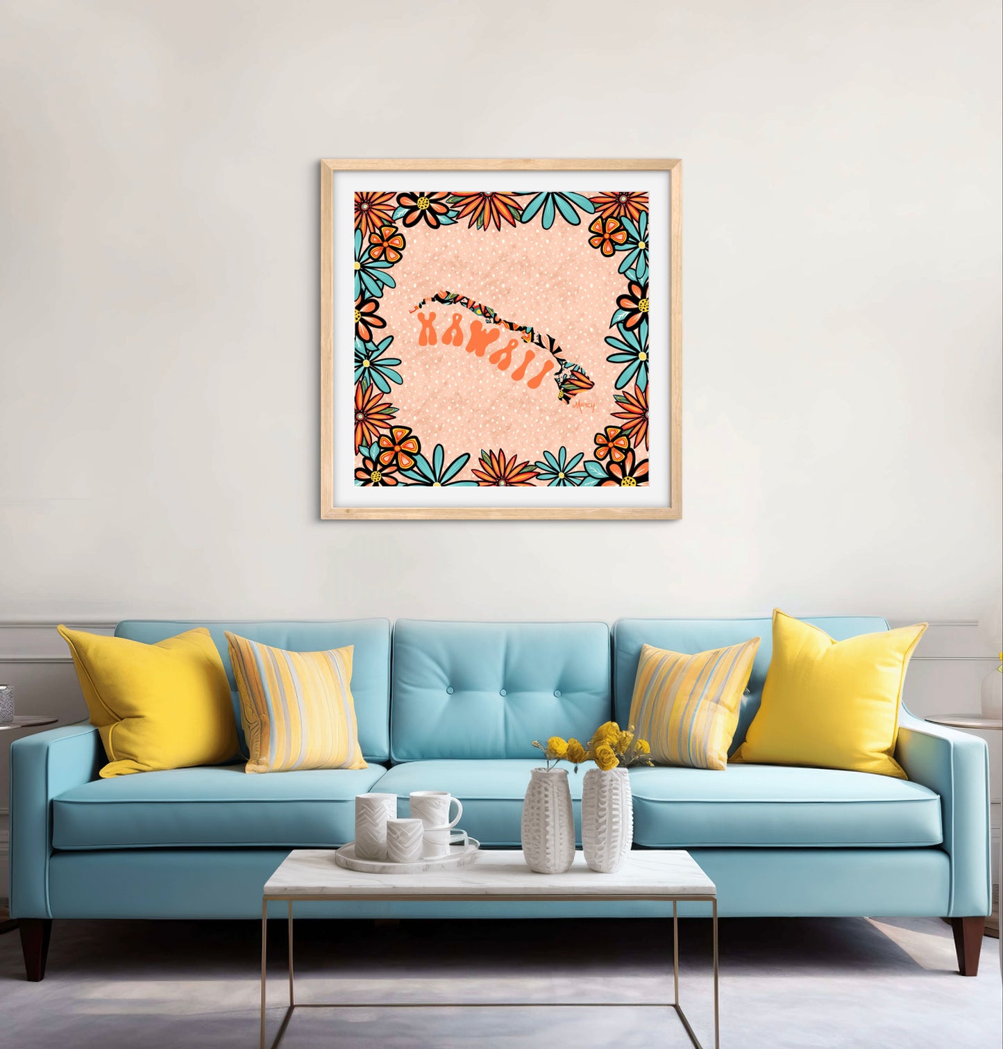 Hawaii Illustration with Hand-Lettering — Premium Matte Paper Wooden Framed Poster